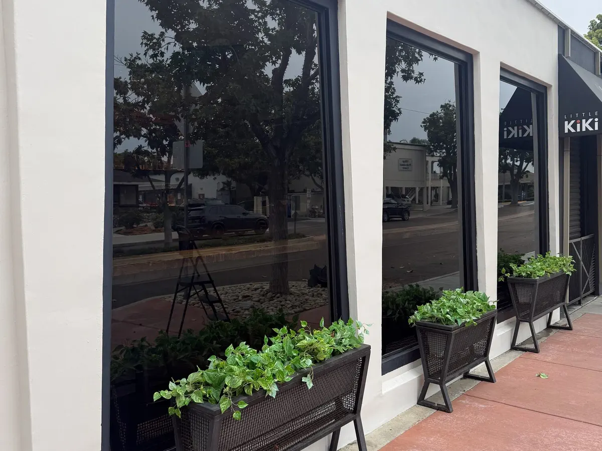 Three shopfront windows on a main street with planter boxes underneath and the street reflected in the glass.